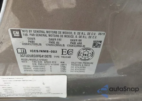 2015 GMC Sierra 1500 Sle from USA, damaged, VIN 3GTU2UEC6FG413678